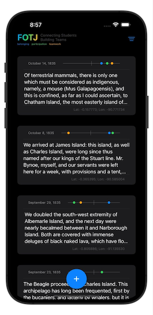 FOTJ main interface with example entries from Charles Darwin's visit to the Galapagos.